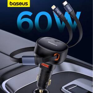 Carregador De Carro Baseus 60W Retráctil De Carga Rápida Tipo C Cabo