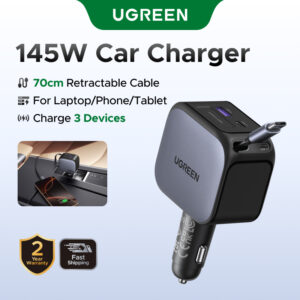 Carregador De Carro Ugreen 60W 90W 145W PD60W Cabo Retrátil De Carga