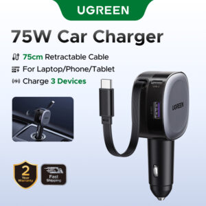 Carregador De Carro Ugreen 75W Retrátil Flexível 3 Portas USB A PD