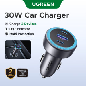 Carregador De Carro Ugreen PD30W USB C Rápido Para iPhone 16 Pro Max