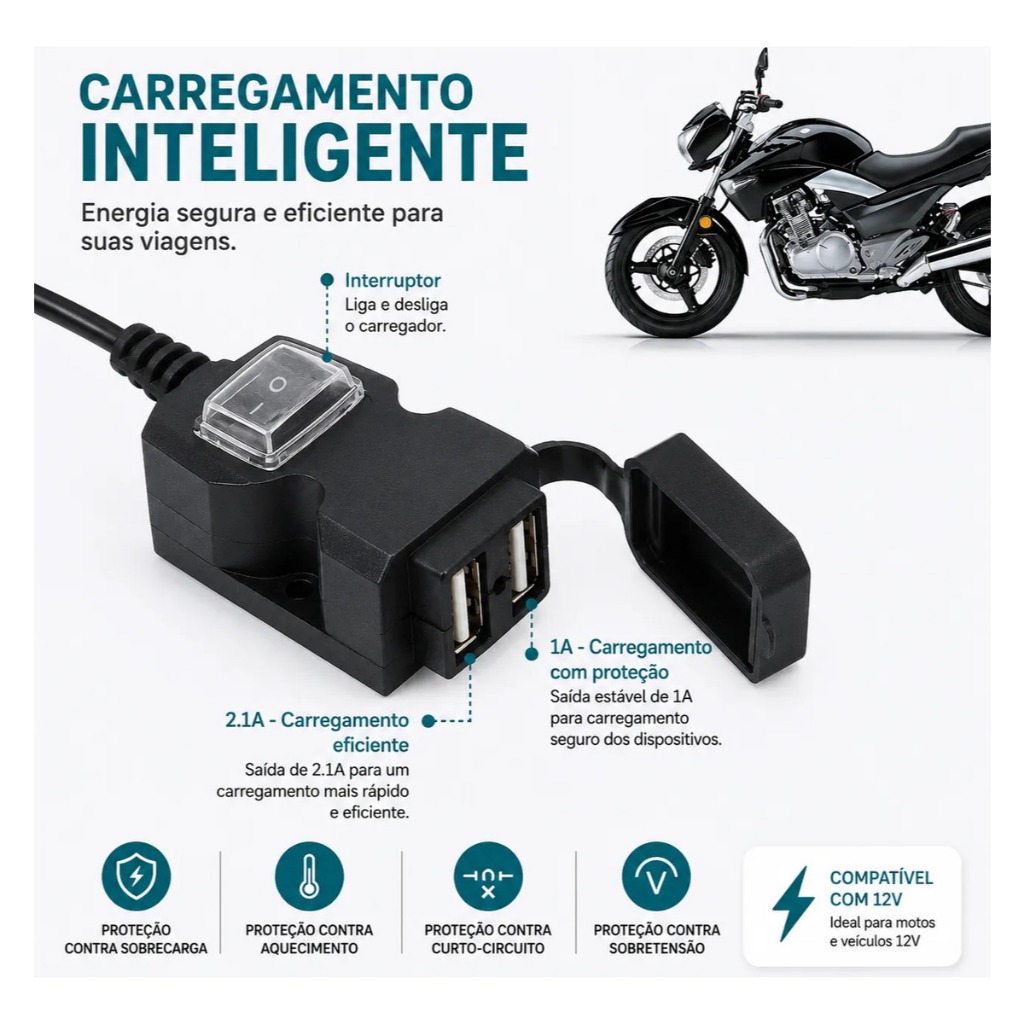 Carregador De Guiador De Moto À Prova D'água Fonte De Alimentação USB