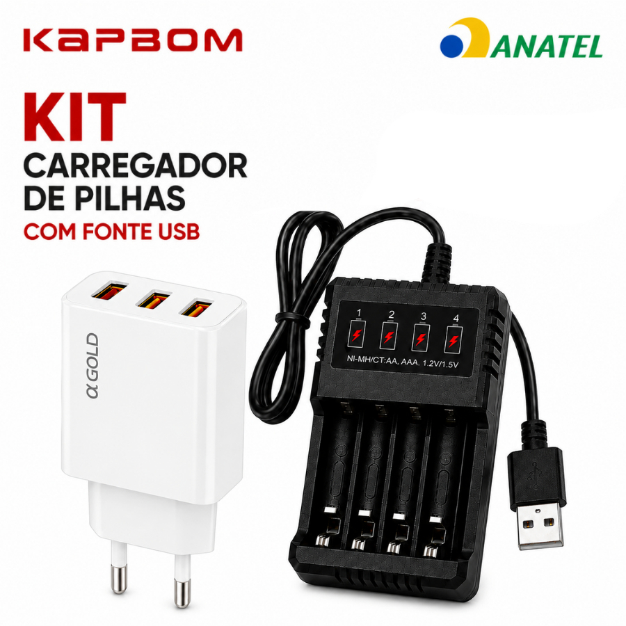 Carregador de Pilhas Recarregáveis AA Aaa 4 Slots Bivolt Kapbom Fonte
