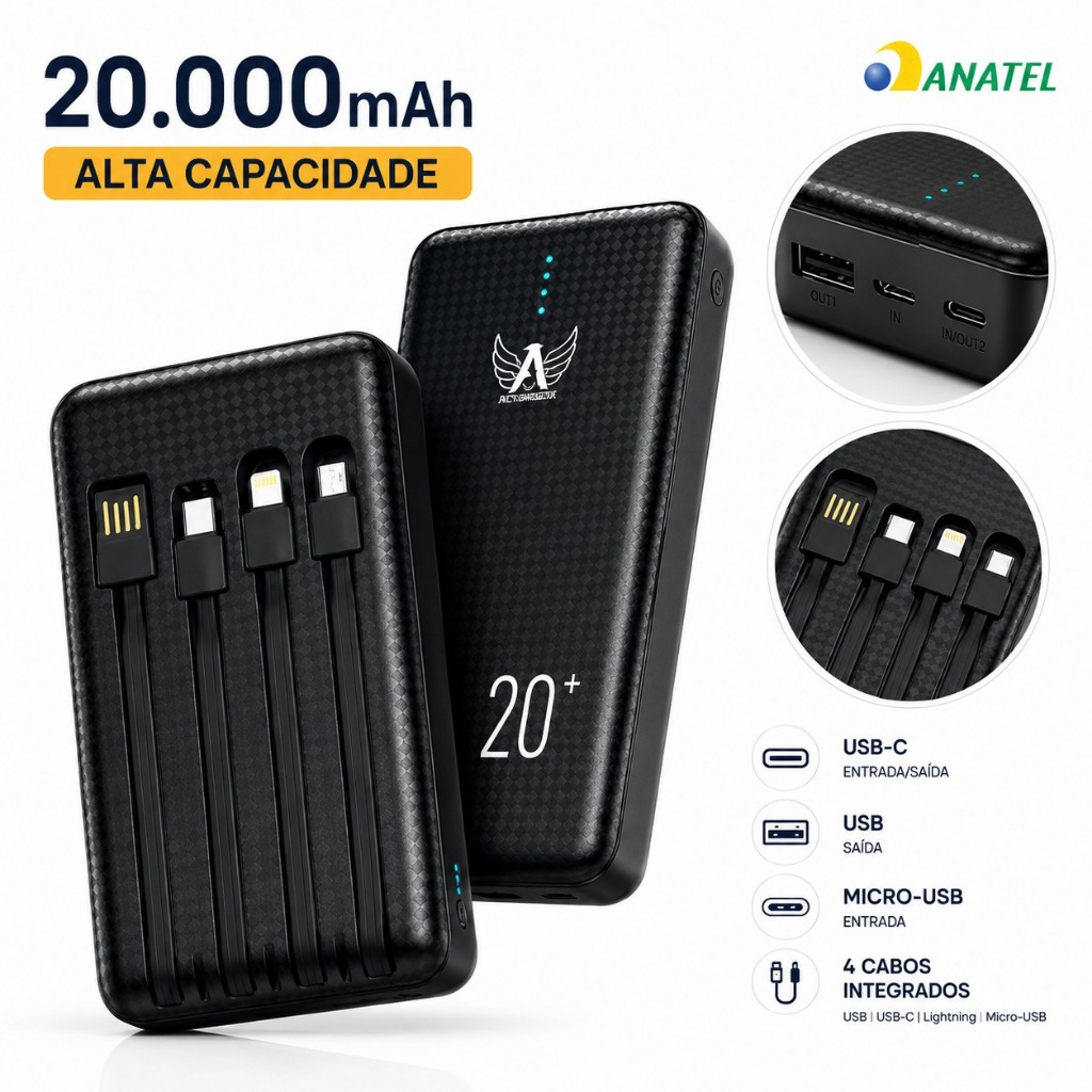 Carregador Portátil Power Bank Turbo 20mah 4 Cabos Integrados — Celulares e Acessórios