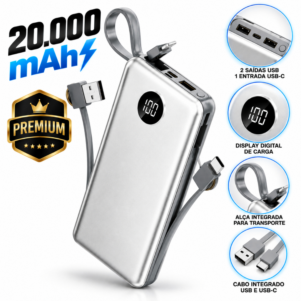 Carregador Portátil Turbo 20mAh 22.5W Power Bank Premium Cabos — Celulares e Acessórios
