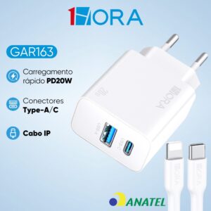 Carregador Rápido 1HORA Pd 20w Duas Portas USB 18W C 20W Branco Cabo
