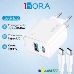 Carregador Rápido 1HORA Pd 20w Duas Portas USB 18W C 20W Branco Cabo