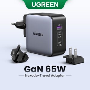 Carregador Rápido De Viagem Ugreen 65W Gan 2 Tipo C 1 USB A Com UK EU