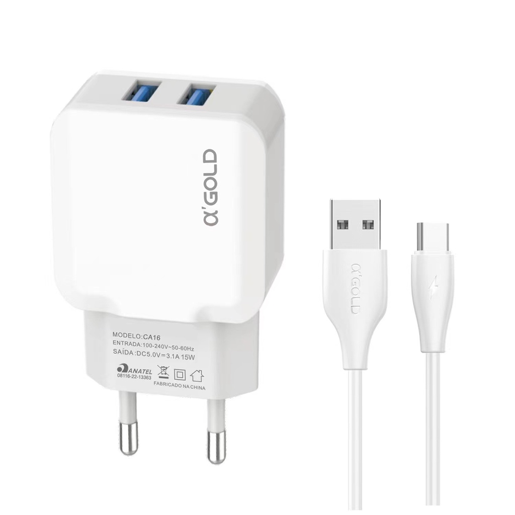Carregador Rapido Tipo-C V8 Lightning Turbo Power Com 2 Usb 3.1A
