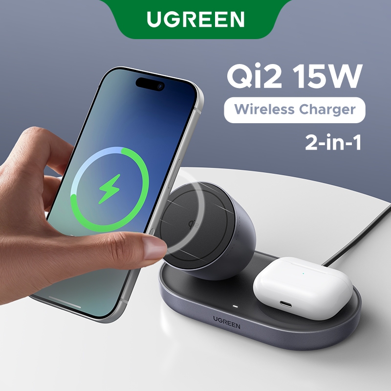 Carregador Sem Fio De Mesa Ugreen Qi2 15W Max 2 Em 1 Para Fones De — Celulares e Acessórios