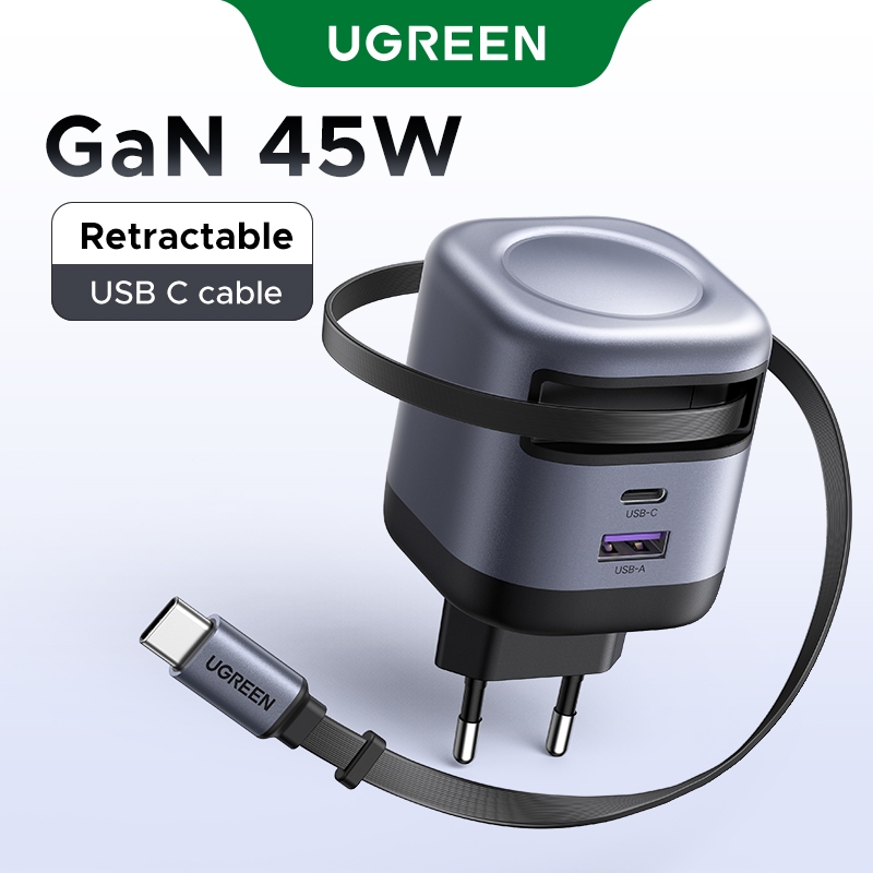Carregador Ugreen Nexode 45W GaN Com Cabo USB C Retrátil De 75 Cm