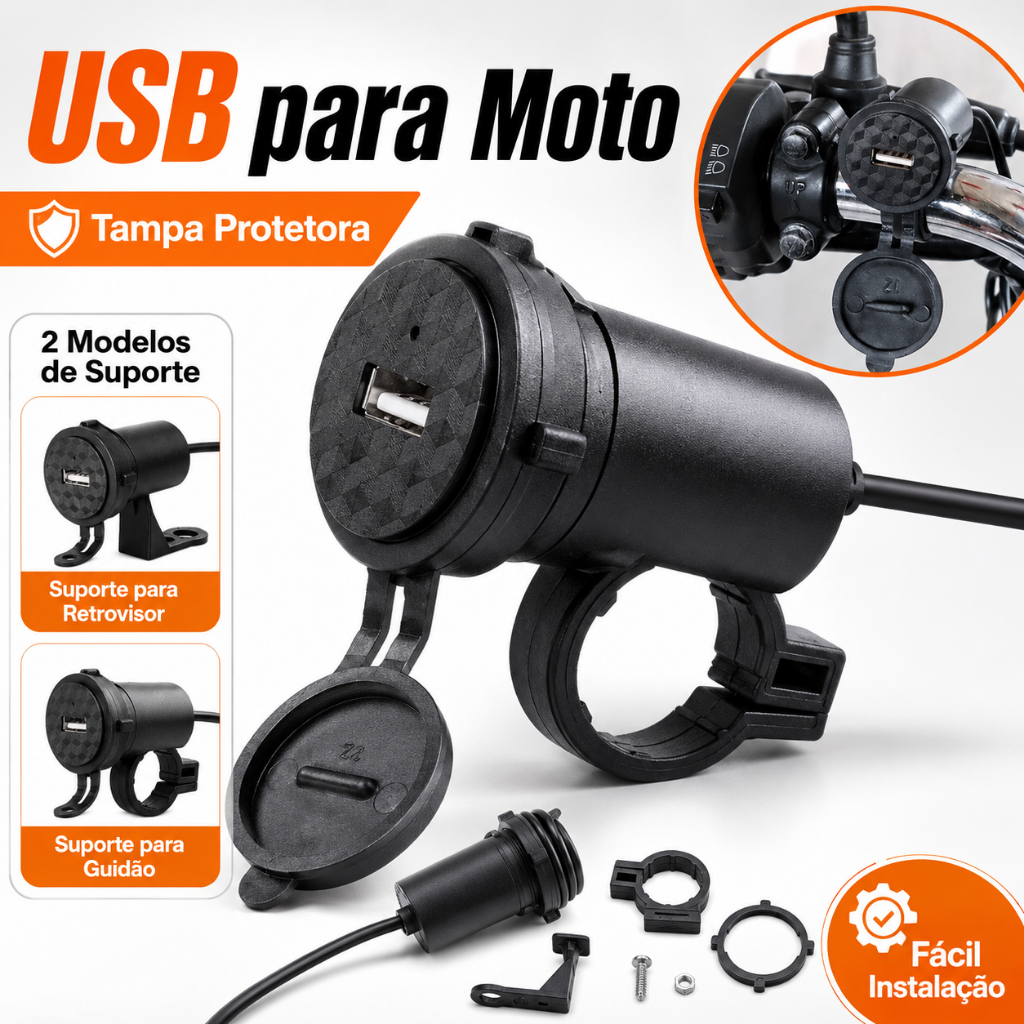 Carregador USB para Moto 5V 2.1A Resistente à Água com Suporte Guidão