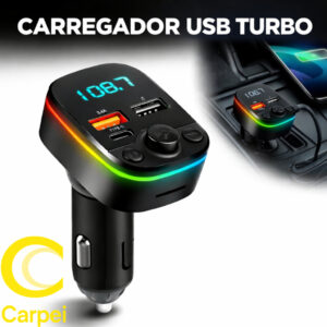 Carregador USB Turbo PD 20W Carro Transmissor Receptor FM Bluetooth