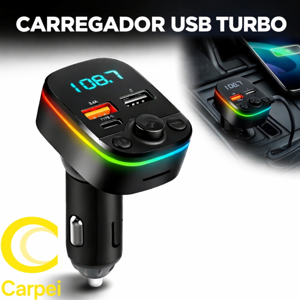 Carregador USB Turbo PD 20W Carro Transmissor Receptor FM Bluetooth