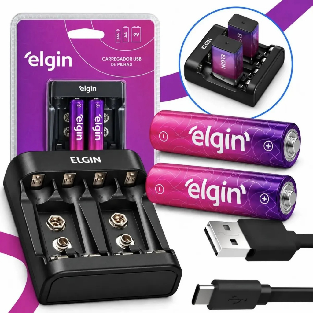 Carregador USB Usbc Pilhas Recarregaveis Aa Aaa Bateria 8v