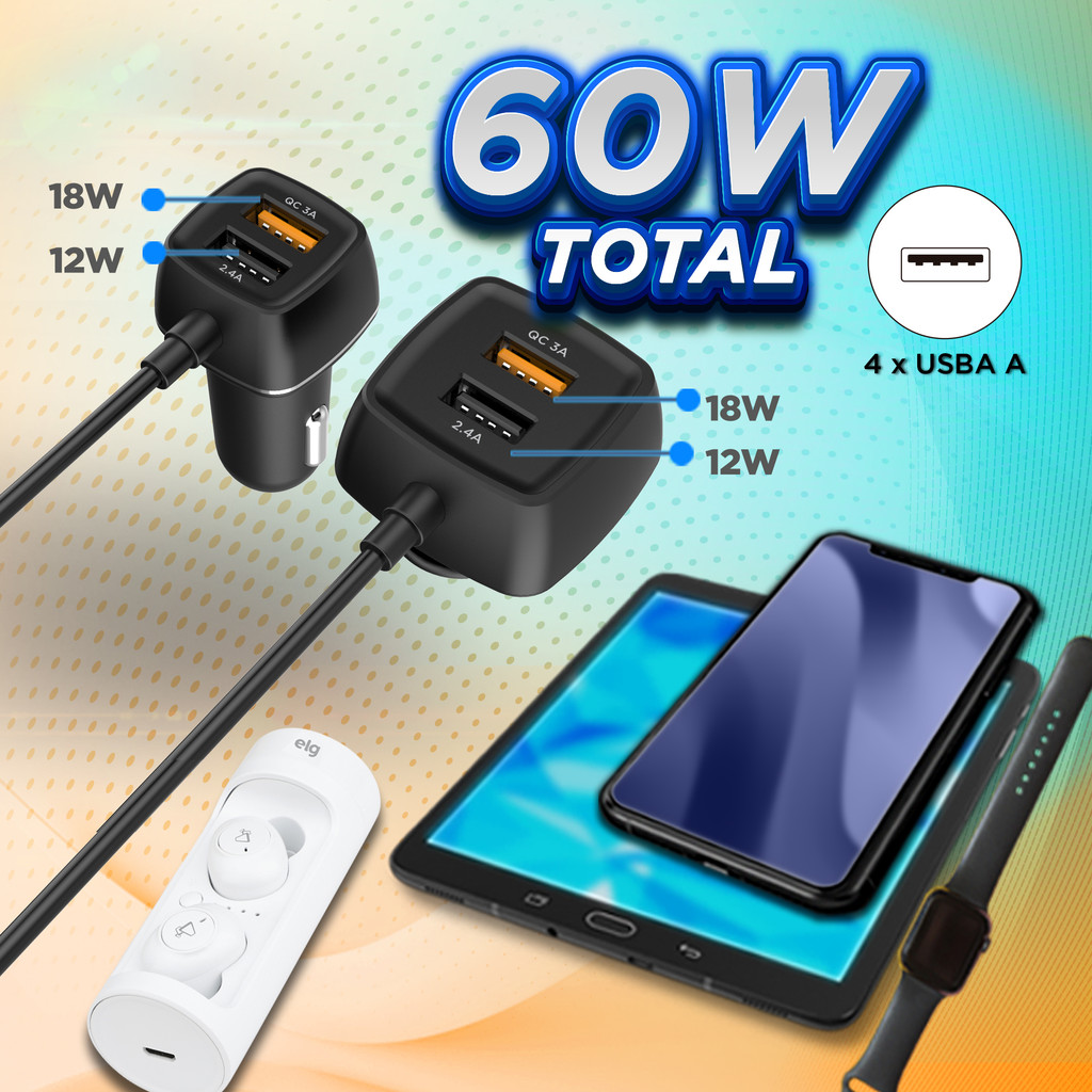 Carregador Veicular C Extensor 4 Portas Quick Charge 3.0 2.4A 60W