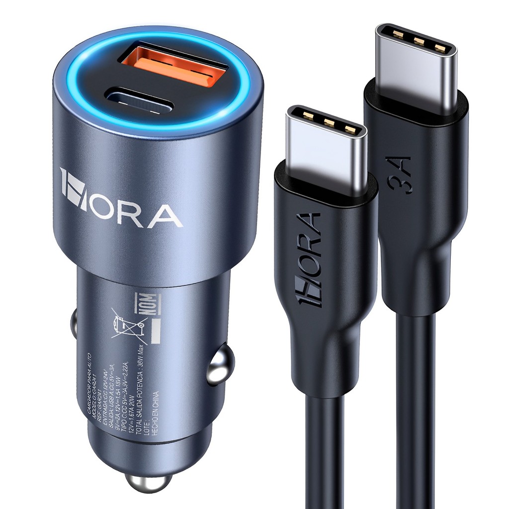 Carregador Veicular Carro 1Hora 3A+Cabo Usb Tipo C Azul — Celulares e Acessórios