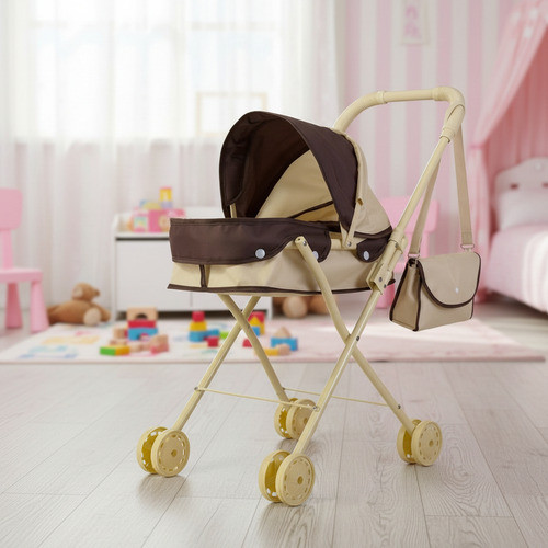 Carrinho de Boneca Infantil Resistente com Bolsa Bege Ferro Capota