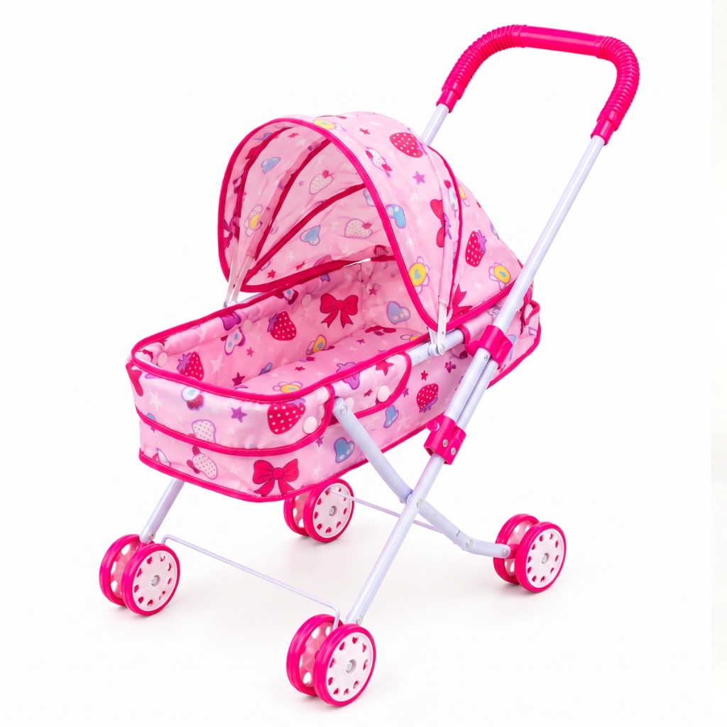 Carrinho De Boneca Tipo Berco 4 Rodas Infantil Rosa Importway