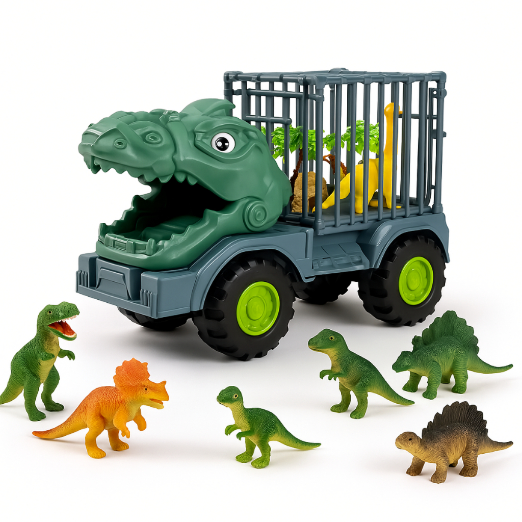 Carrinho Dinossauro na Jaula Safari Brinquedo Borracha Criança