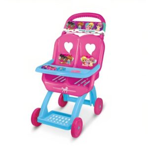 Carrinho Duplo de Boneca Infantil Rosa Azul com Suporte de Pratinho