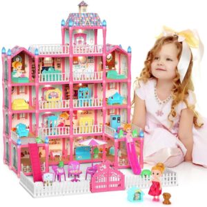 Casa de Boneca Castelo 5 Andares 19 Cômodos com Luz LED, 2 Bonecas