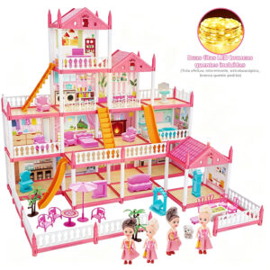 Casa de Boneca Princesa 4 Andares 14 Cômodos com Luz LED, 4 Bonecas