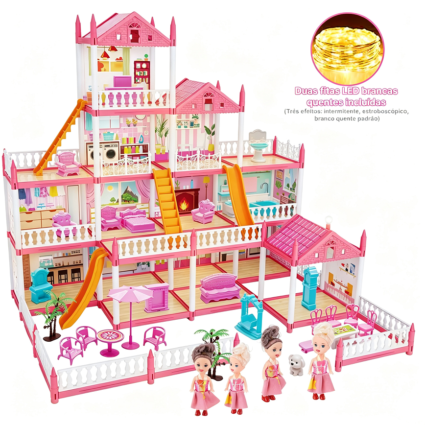 Casa de Boneca Princesa 4 Andares 14 Cômodos com Luz LED, 4 Bonecas