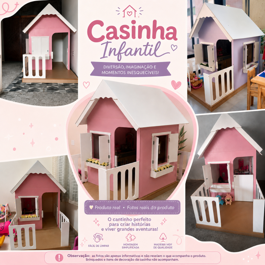 Casinha de Brinquedo Artesanal Janela Lateral Versátil com Cortinas