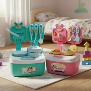 Cesta Maleta de Brinquedo Acessório Dentista Kit Cozinha Panelas
