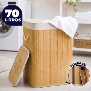 Cesto de Roupa de Bambu Dobrável Com Tampa e Alça 70 Litros