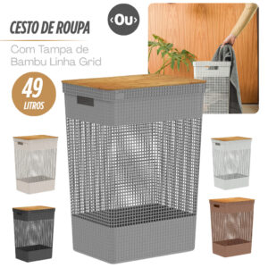 Cesto de Roupa Suja Grande Tampa Bambu Grid 49L Com Tampa Cesto de
