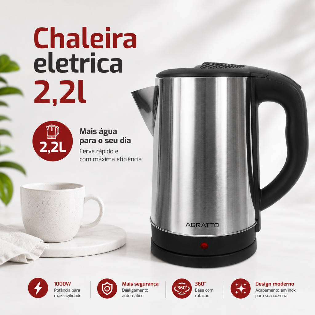 Chaleira Elétrica 2,2l Inox Jarra Elétrica Moderna Xaleira Ferve Água — Eletroportáteis