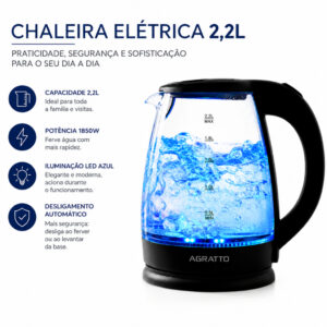 Chaleira Elétrica de Vidro Com LED Bule Vidro 2,2l Xaleira Fervura