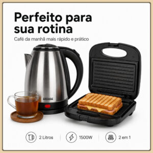 Chaleira Jarra Eletrica em Aço Inox, Sanduicheira 2 em 1Gril Seu Cafe