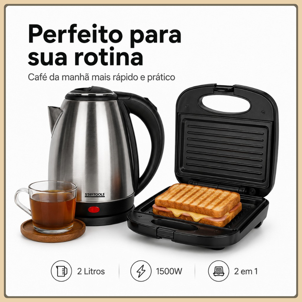 Chaleira Jarra Eletrica em Aço Inox, Sanduicheira 2 em 1Gril Seu Cafe