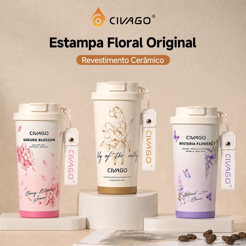 Civago Copo Térmico 500ml Aço Inox 316 com Alça de Tecido e Estampa
