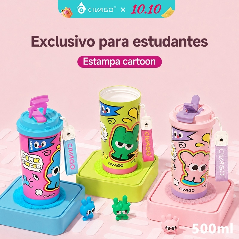 Civago Copo Térmico 500ml Inox 316 Alça Tecido Estampa Fofa Tampa