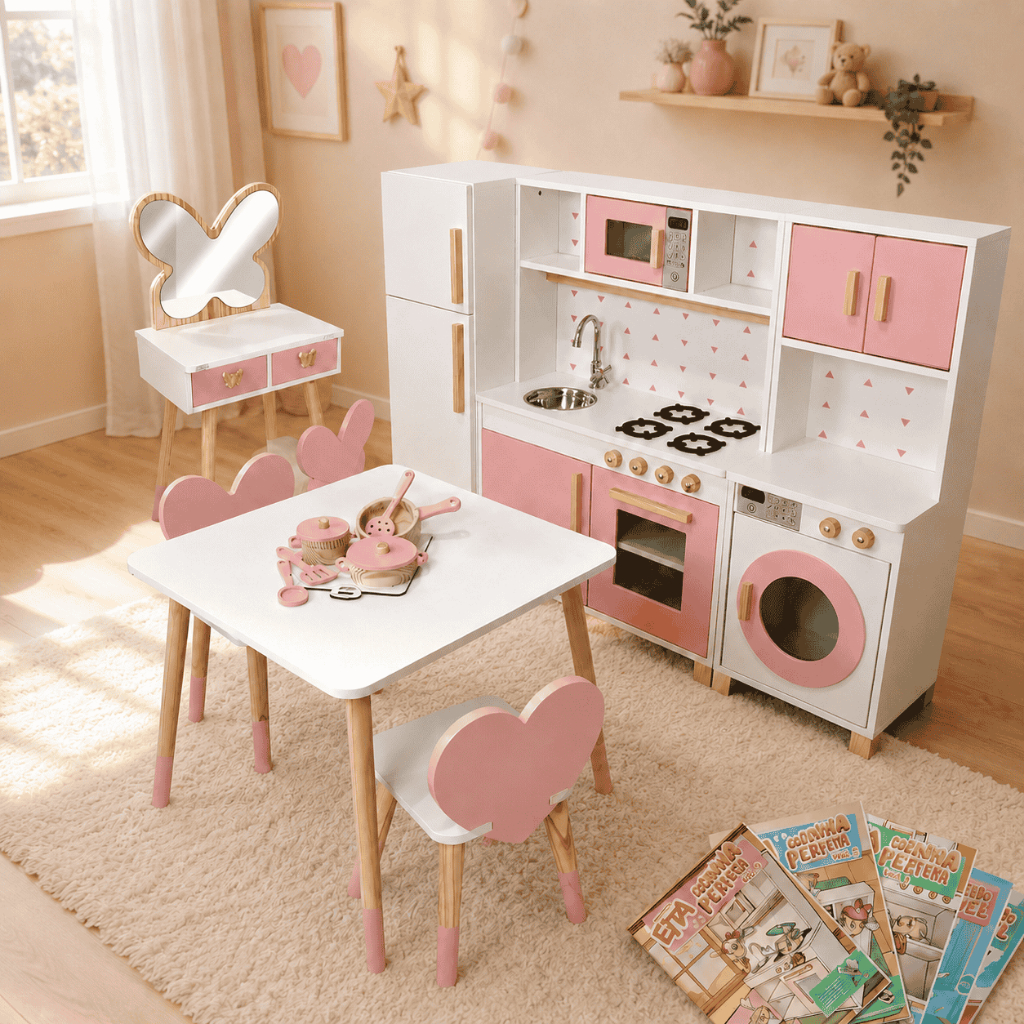 Combo Brinquedoteca Penteadeira Grande Infantil Rosa Bebê Faz de