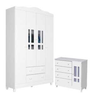 Cômoda E Guarda Roupa Infantil Ariel 4 Portas Branco Brilho Carolina