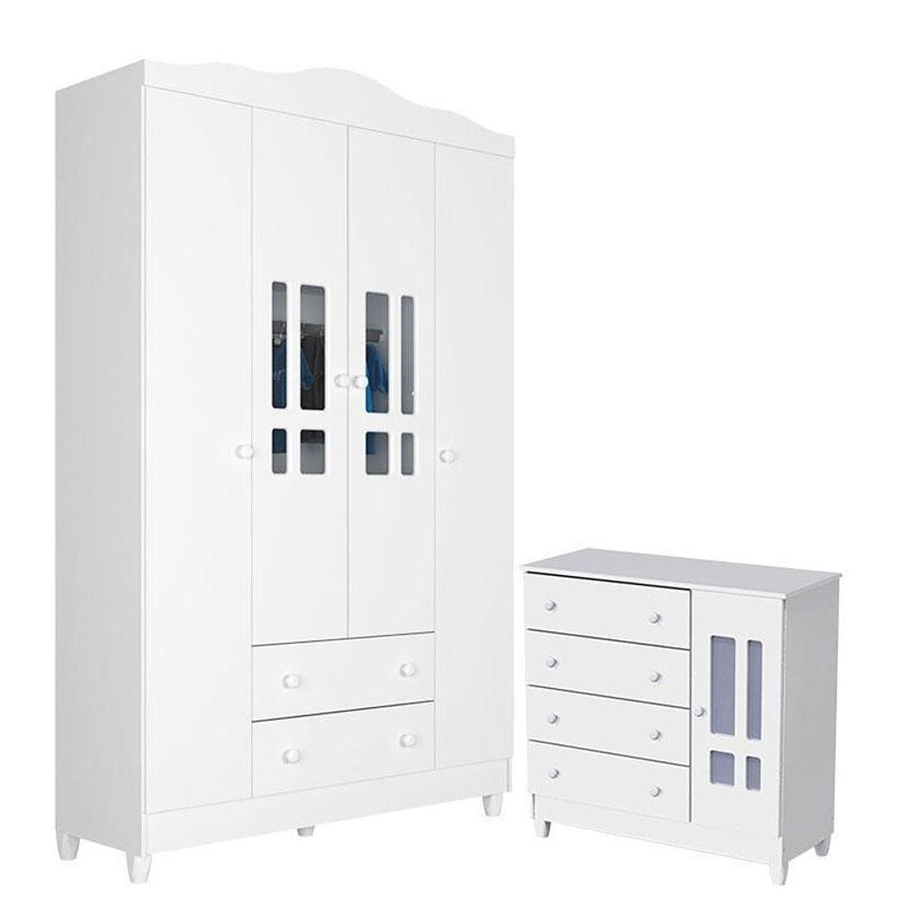 Cômoda E Guarda Roupa Infantil Ariel 4 Portas Branco Brilho Carolina