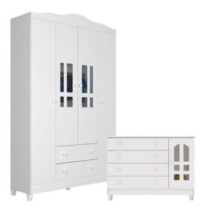 Cômoda Gran Selena E Guarda Roupa Infantil Ariel 4 Portas Branco