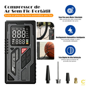 Compressor de Ar Portátil Sem Fio Digital Inflador de Pneus Carro