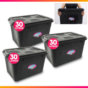 Conjunto 3 Caixas Organizadoras 30 Litros Média-Grande Com Trava
