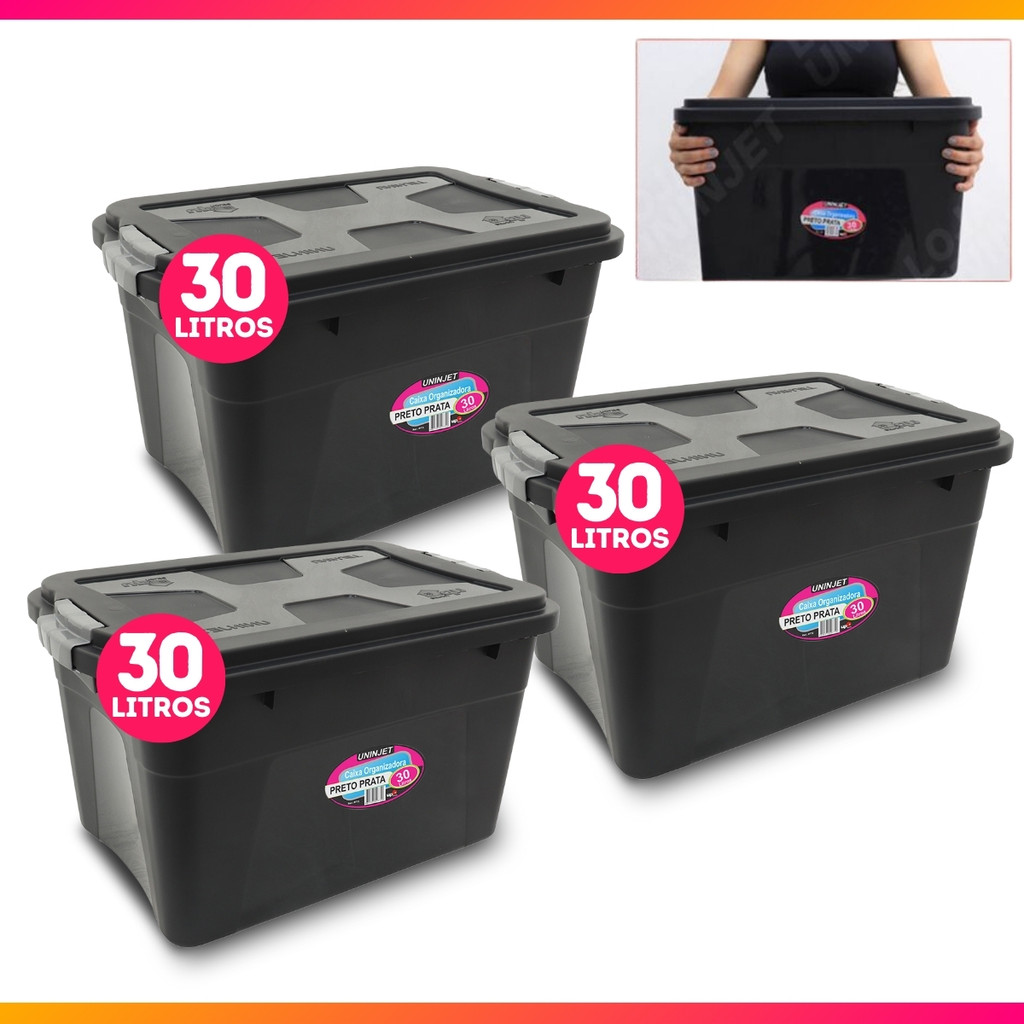 Conjunto 3 Caixas Organizadoras 30 Litros Média-Grande Com Trava