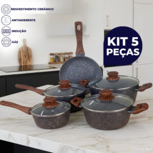 Conjunto 5 Panelas Antiaderente Revestimento Cerâmico Fogão Indução e