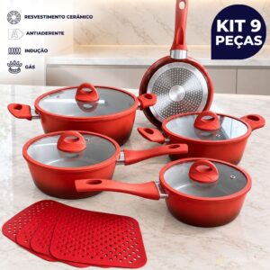 Conjunto 9 Peças Panelas Cerâmica Antiaderente Indução Tapete