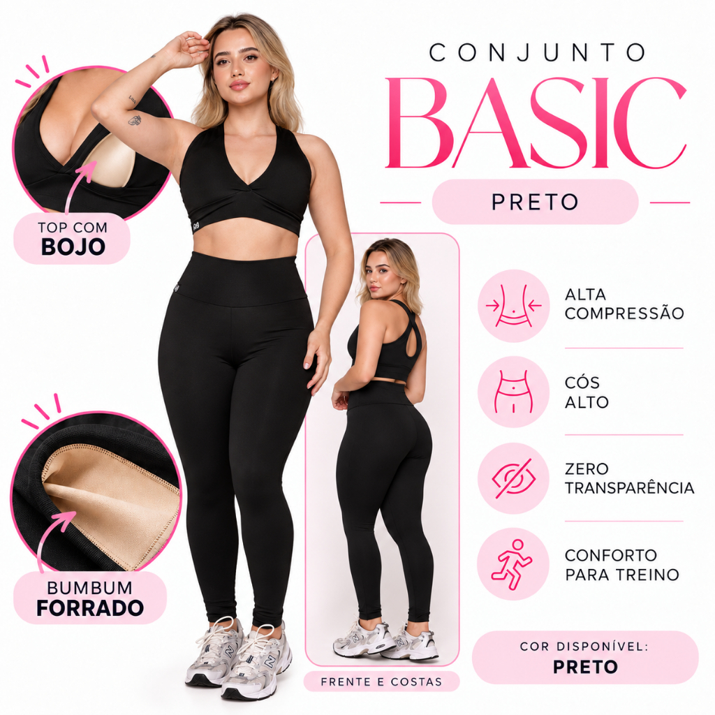 Conjunto Academia Fitness Preto Casual Cós Alto Bojo Forro Duplo Zero