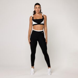 Conjunto Feminino Academia Top Preto com Recorte Branco Legging