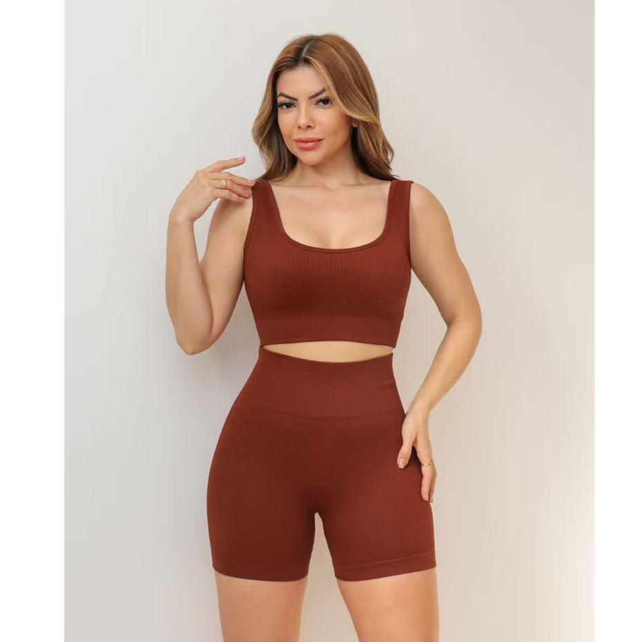 Conjunto Feminino Fitness Canelado Poliamida Grosso Short Esportivo