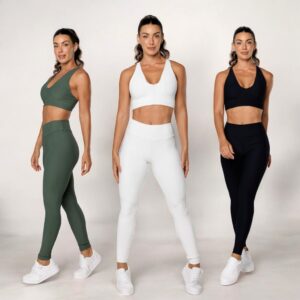 Conjunto Fitness Academia Feminino Top Decote V Texturizado Calça